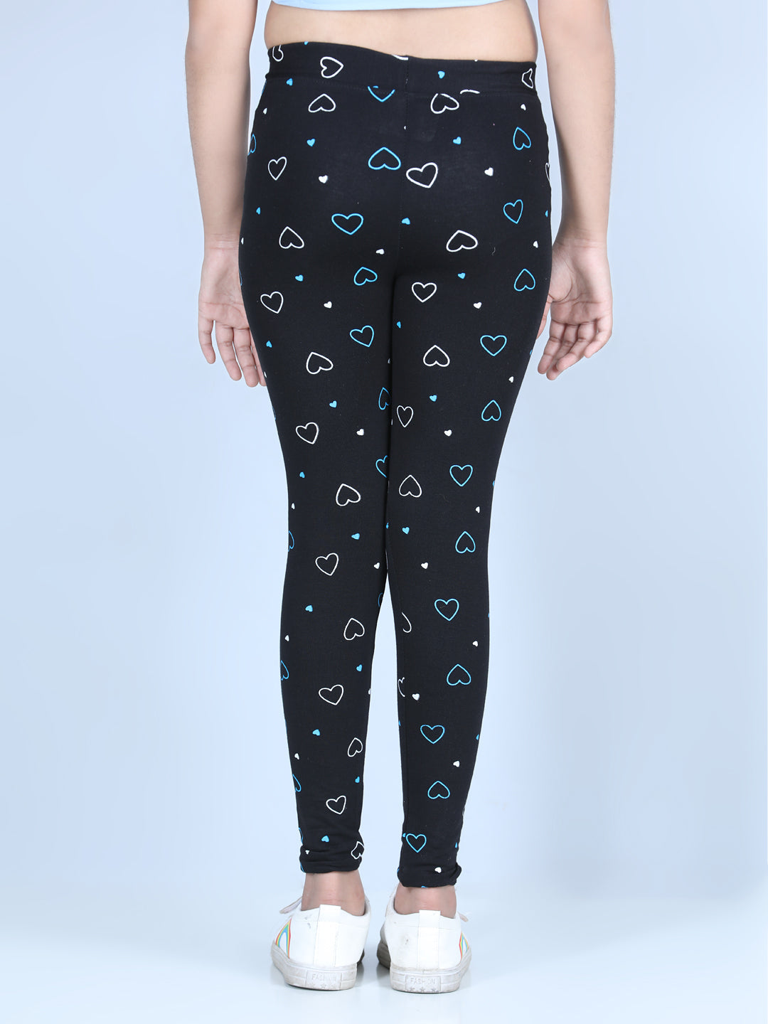 Girls Heart Printed Leggings with Flat Waistband- Black