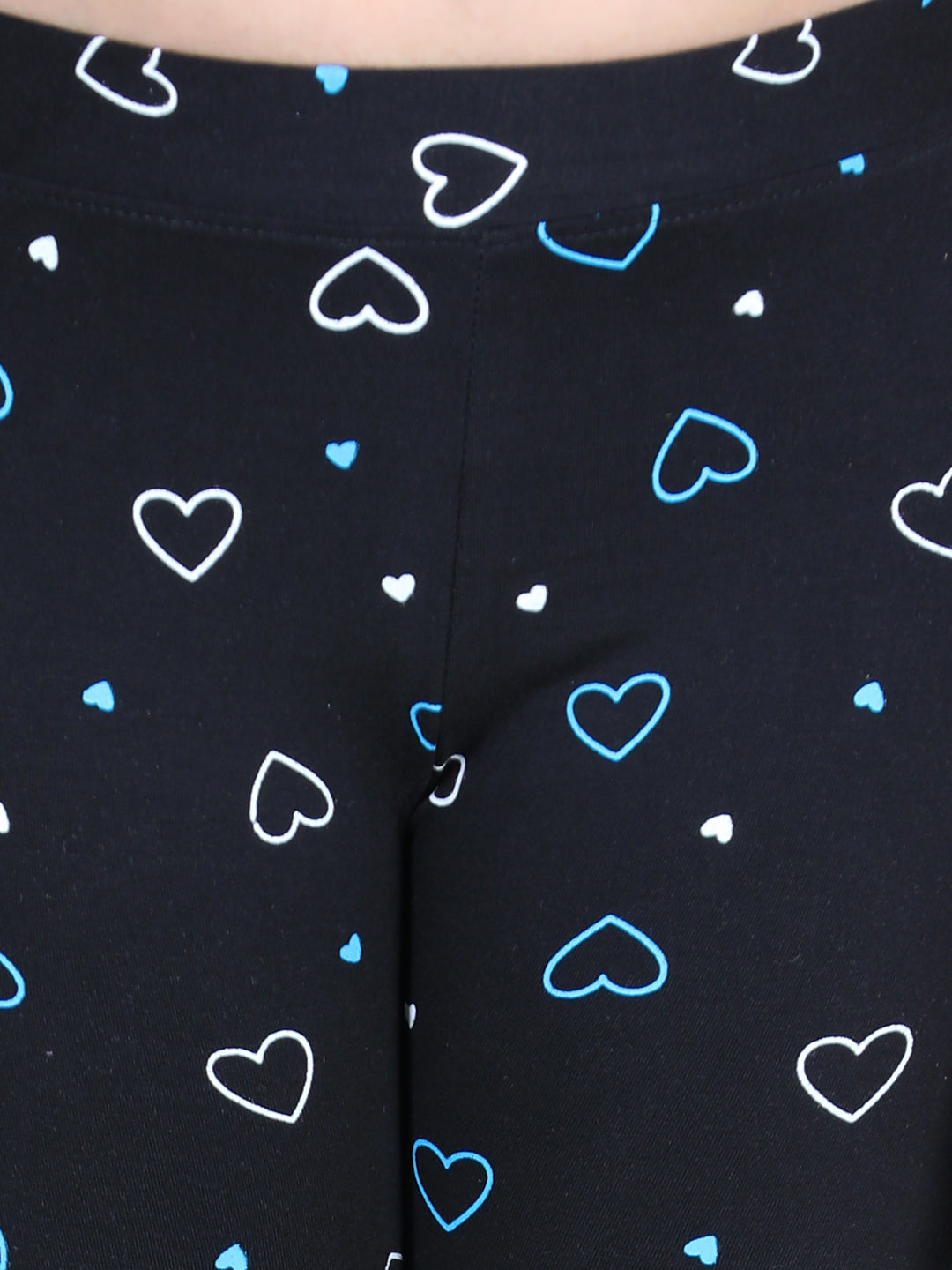 Girls Heart Printed Leggings with Flat Waistband- Black