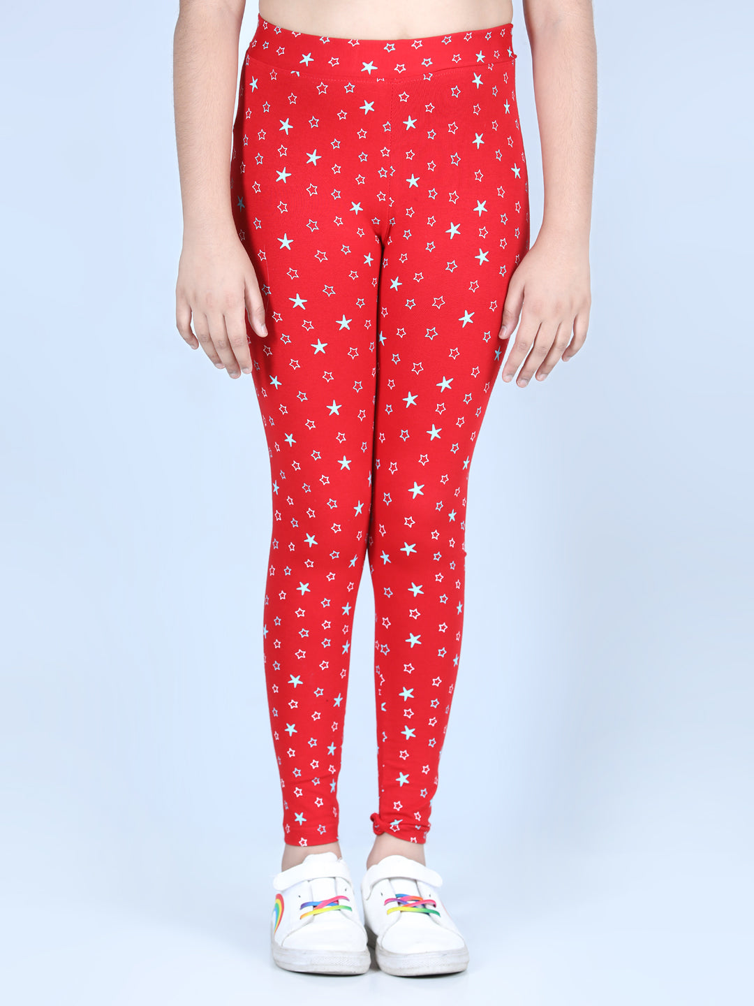 Girls Star Printed Leggings with Flat Waistband- Red