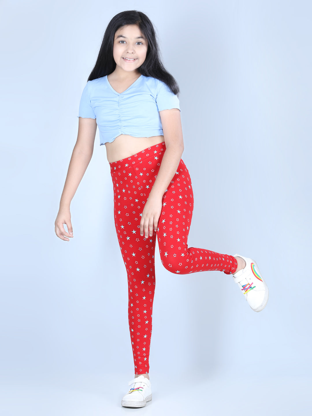 Girls Star Printed Leggings with Flat Waistband- Red