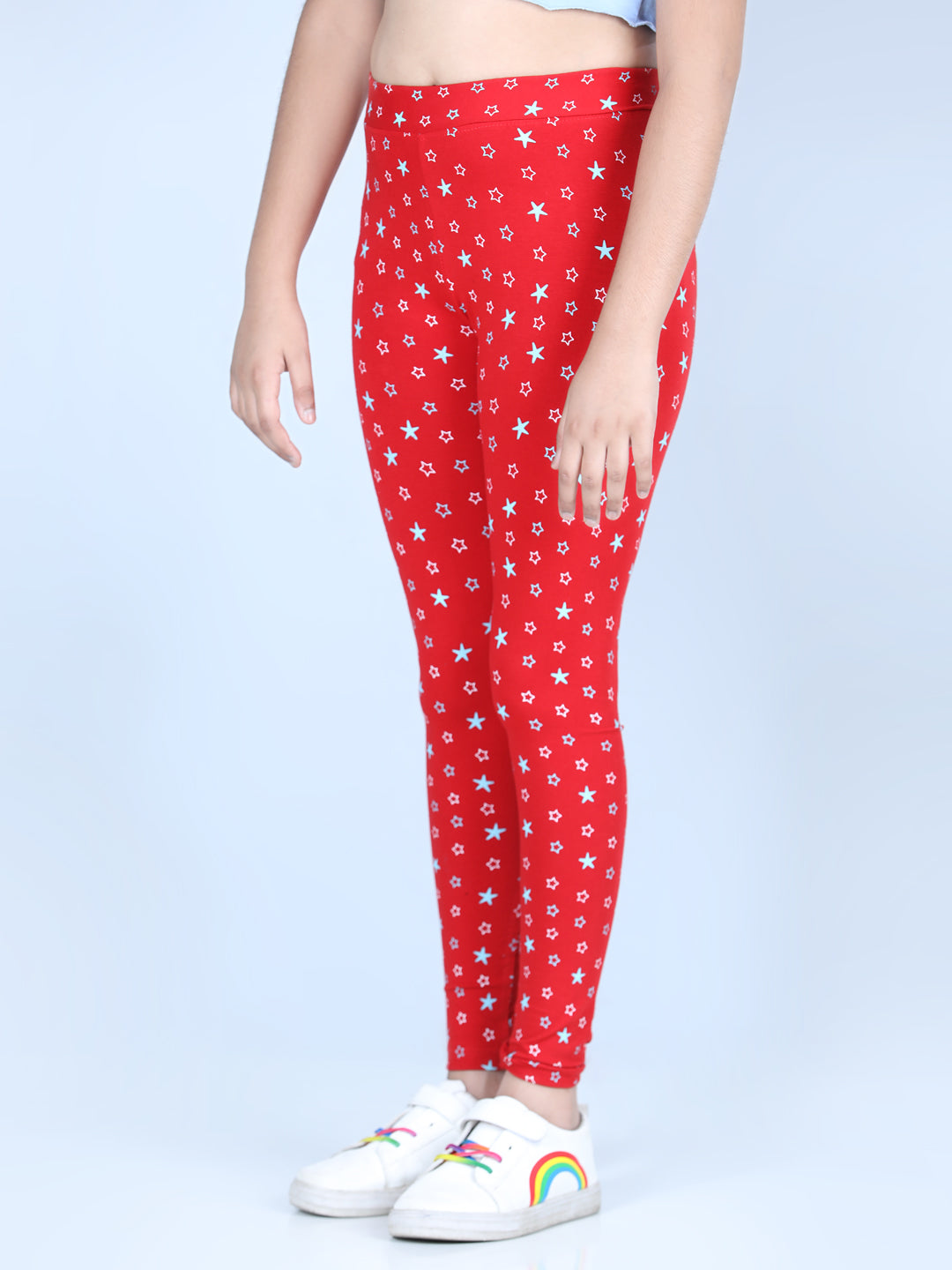 Girls Star Printed Leggings with Flat Waistband- Red