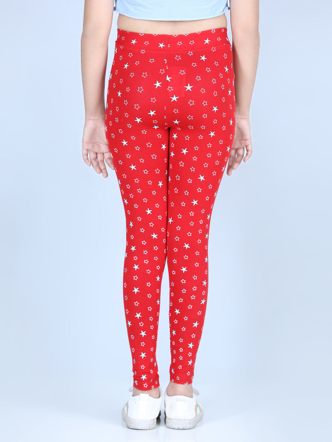 Girls Star Printed Leggings with Flat Waistband- Red