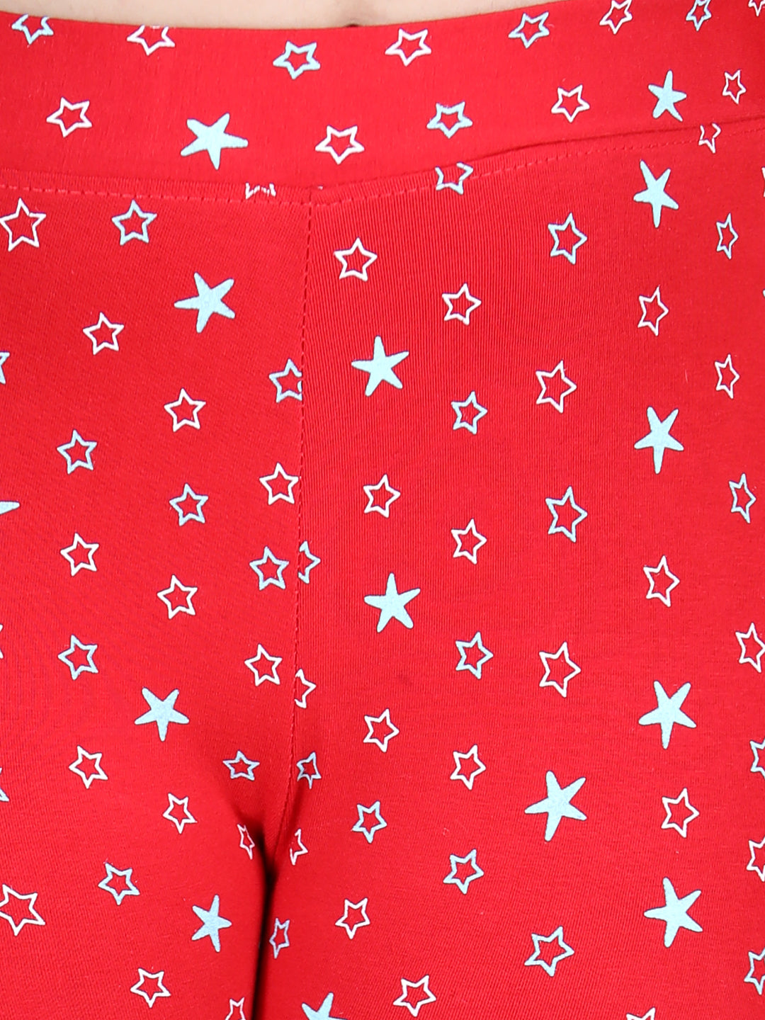 Girls Star Printed Leggings with Flat Waistband- Red