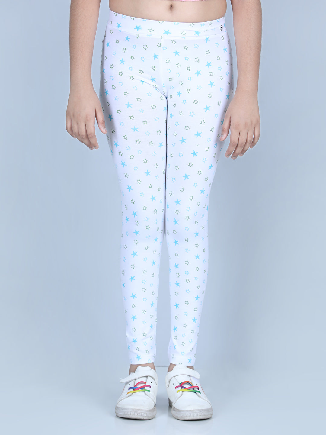 Girls Star Printed Leggings with Flat Waistband- White