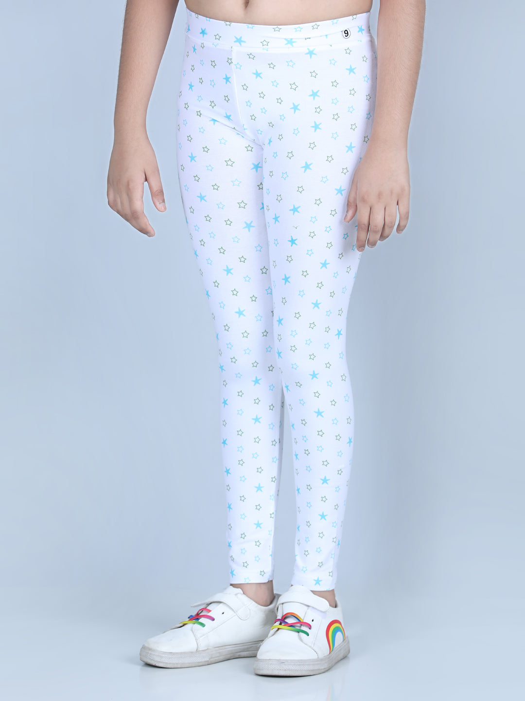 Girls Star Printed Leggings with Flat Waistband- White