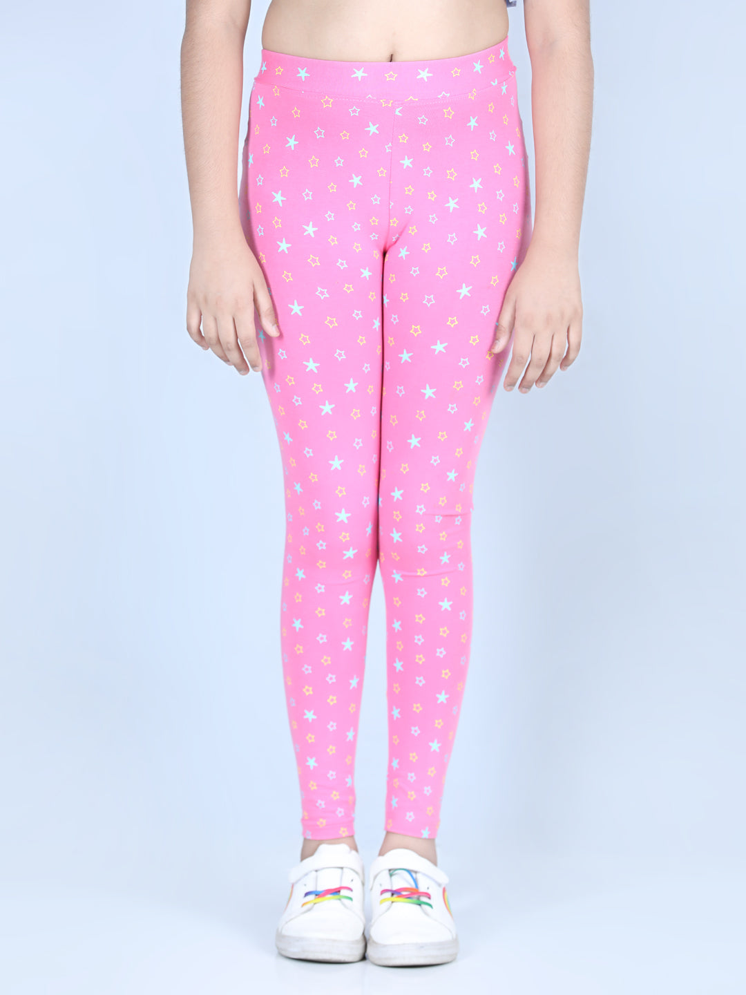 Girls Star Printed Leggings with Flat Waistband- Pink