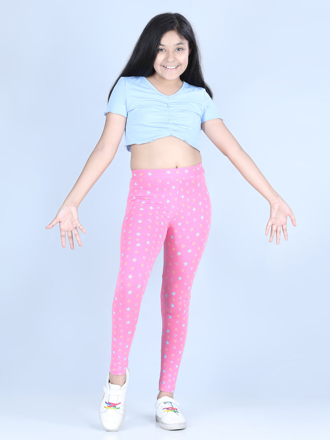 Girls Star Printed Leggings with Flat Waistband- Pink