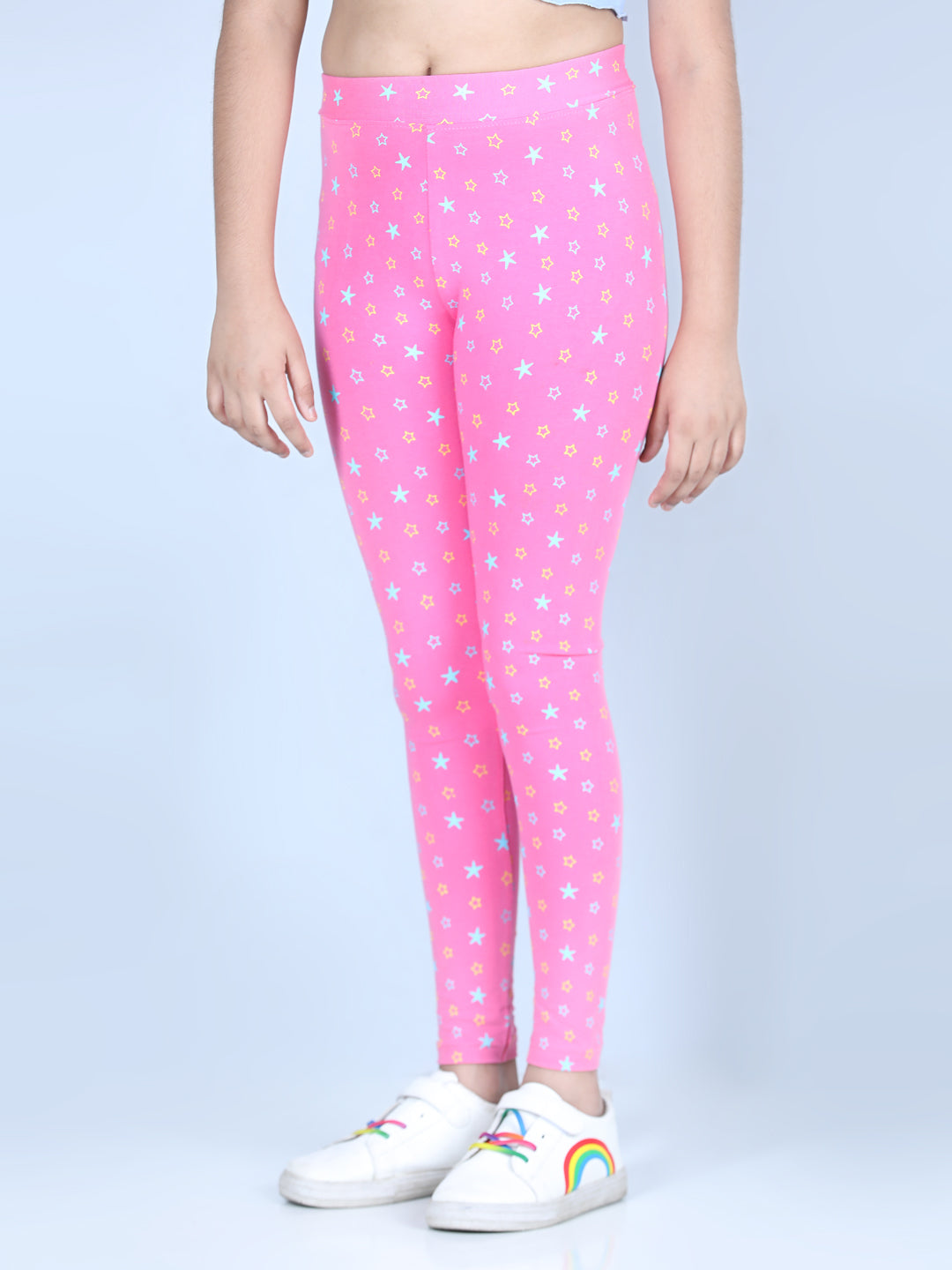 Girls Star Printed Leggings with Flat Waistband- Pink