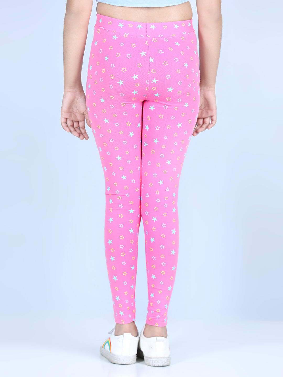 Girls Star Printed Leggings with Flat Waistband- Pink