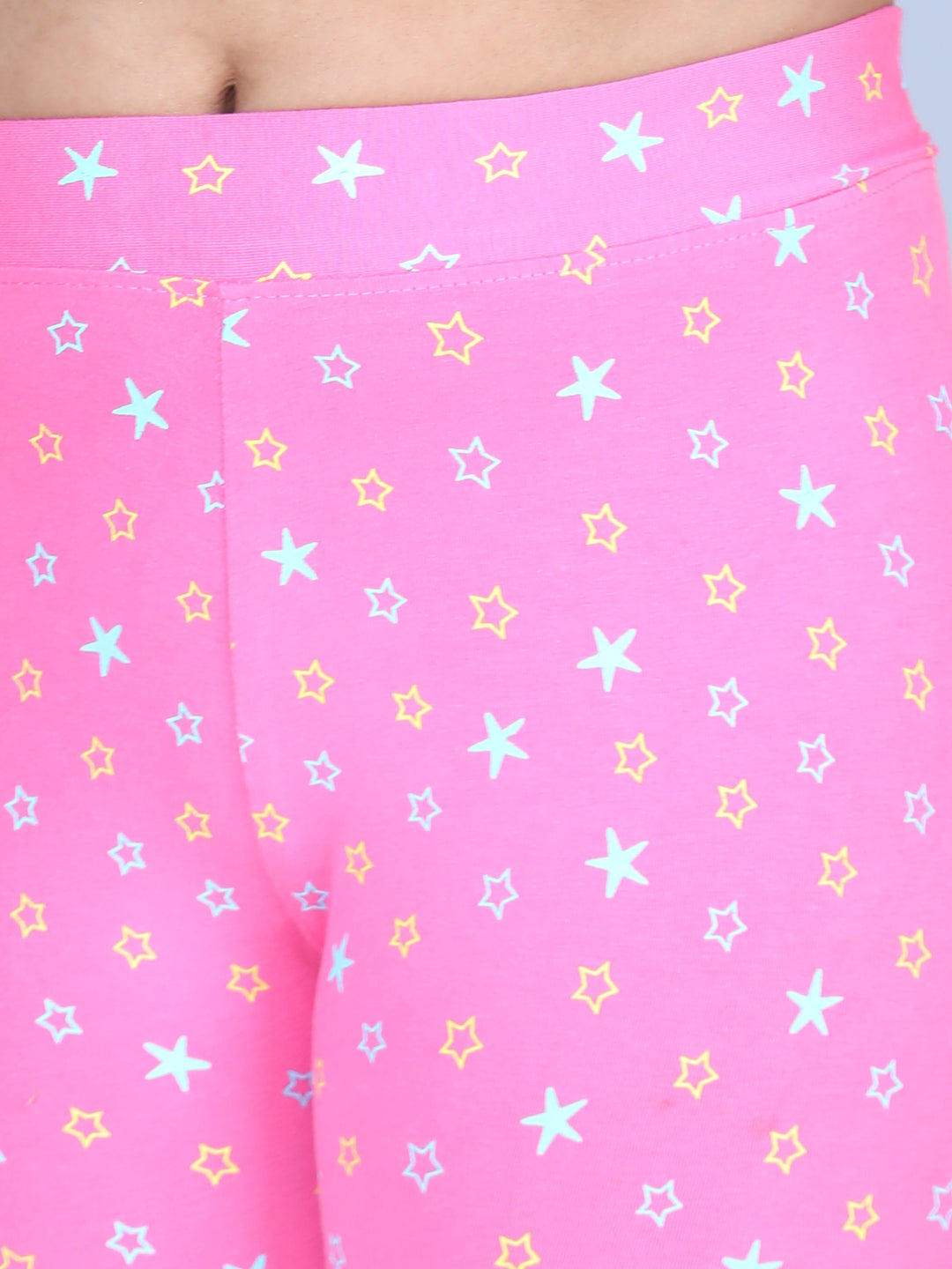 Girls Star Printed Leggings with Flat Waistband- Pink