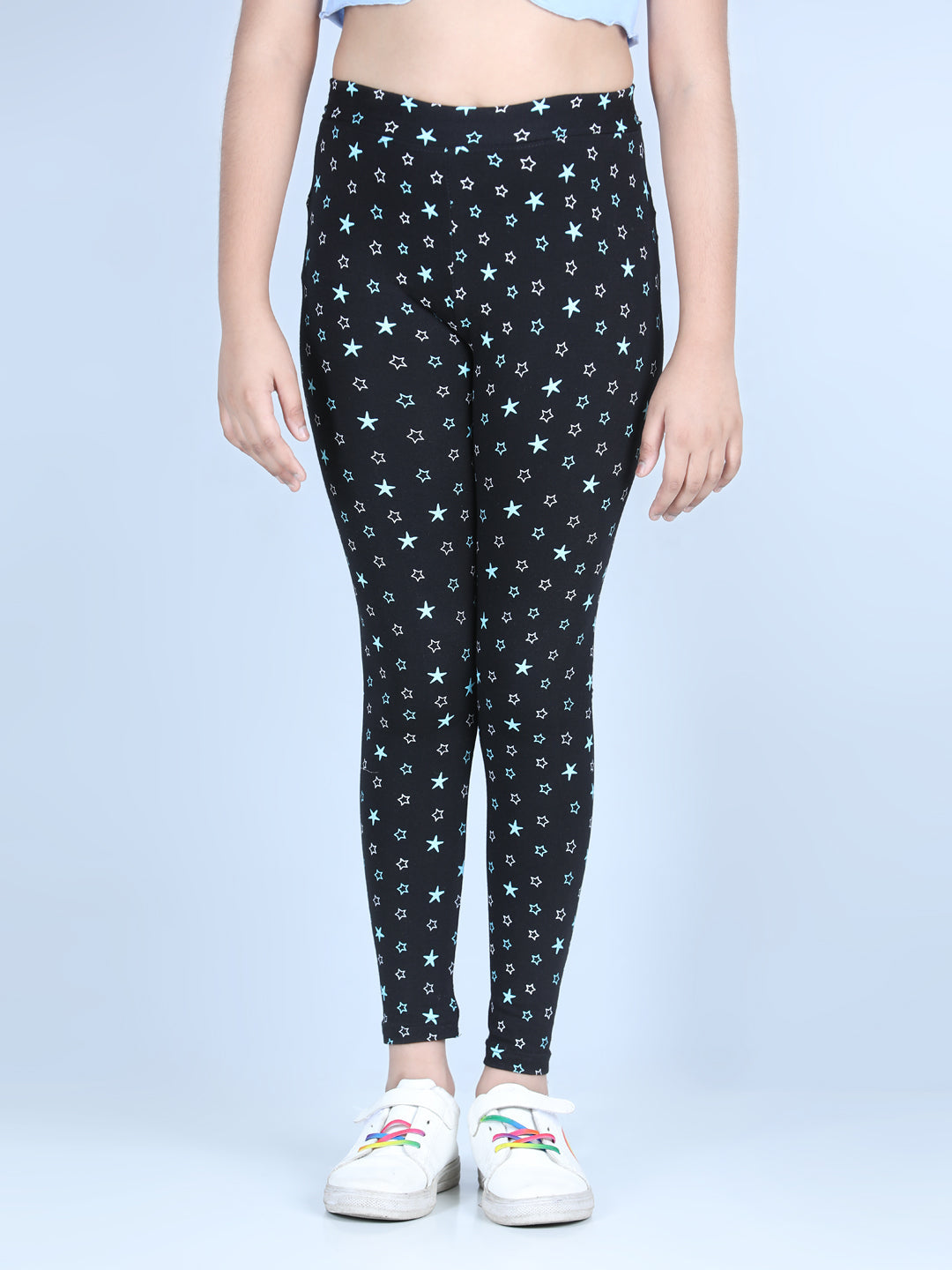 Girls Star Printed Leggings with Flat Waistband- Black