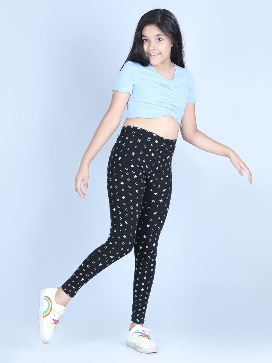 Girls Star Printed Leggings with Flat Waistband- Black