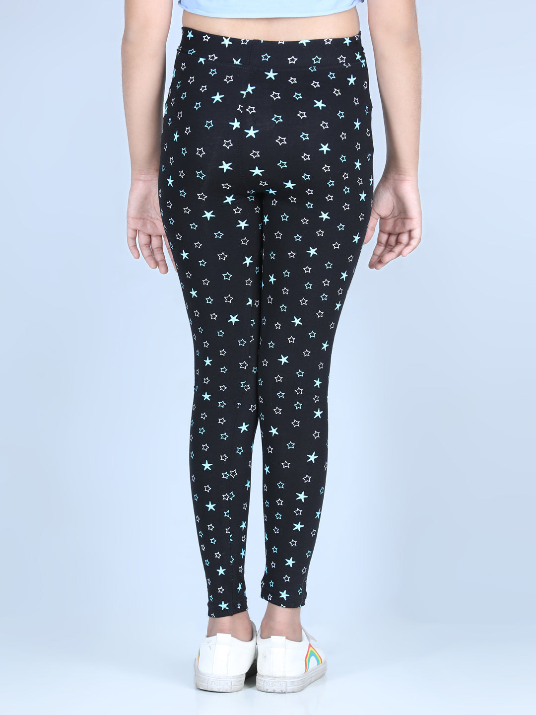 Girls Star Printed Leggings with Flat Waistband- Black