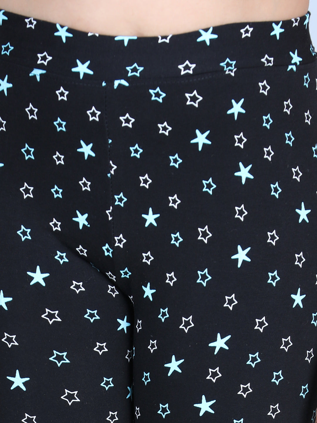 Girls Star Printed Leggings with Flat Waistband- Black