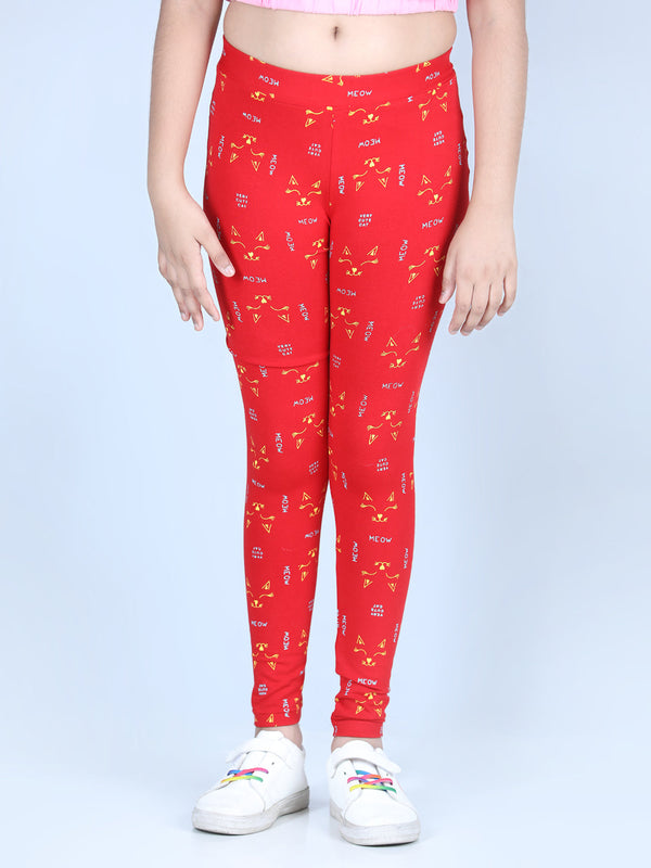 Girls Meow Printed Leggings with Flat Waistband- Red