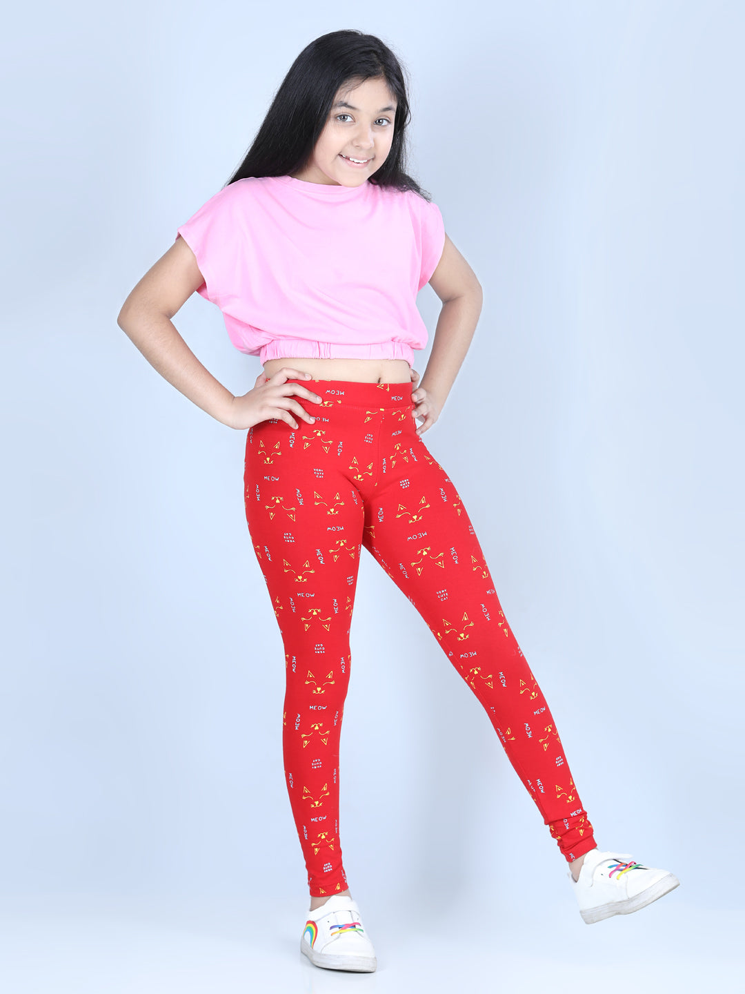 Girls Meow Printed Leggings with Flat Waistband- Red