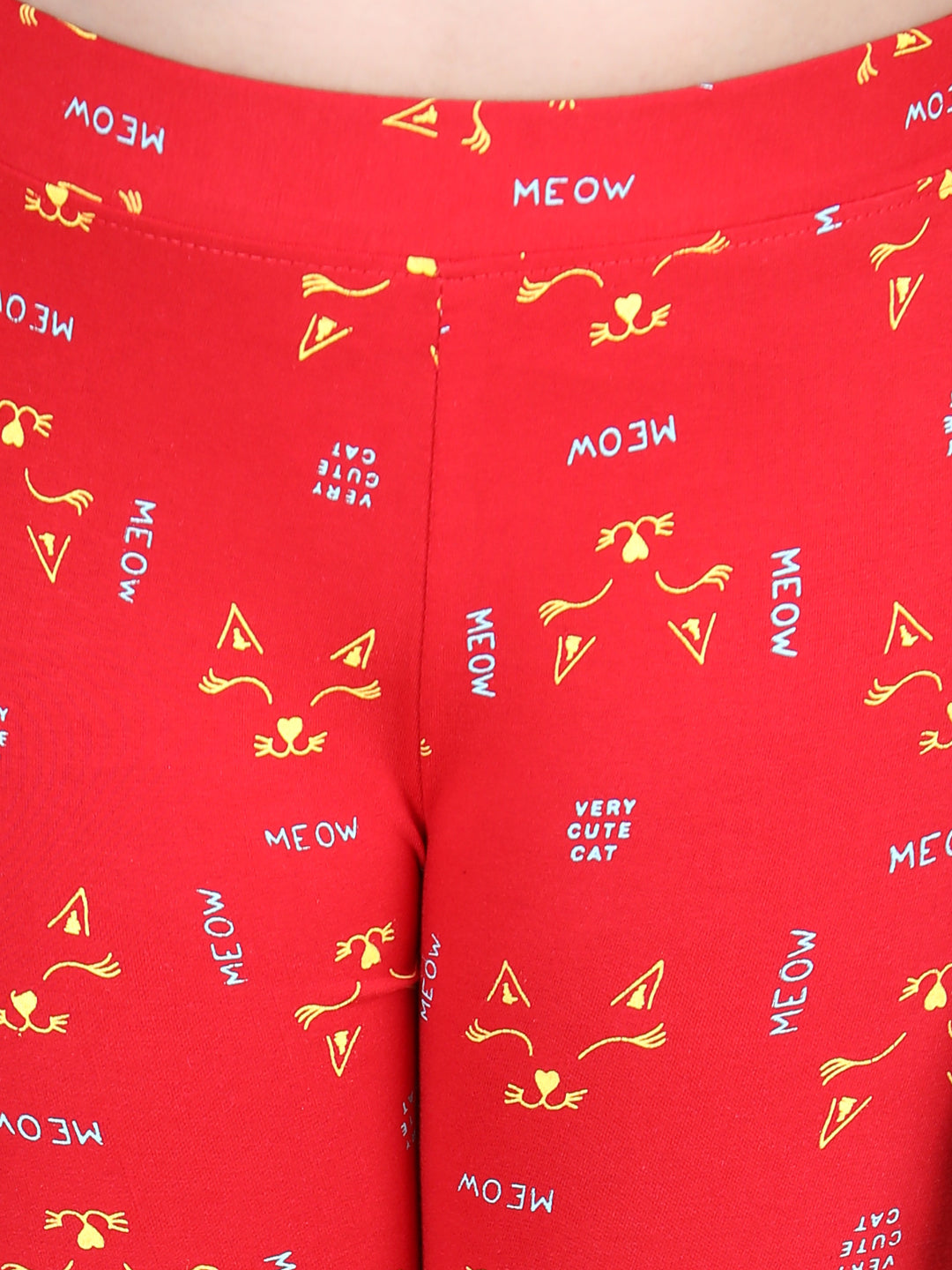 Girls Meow Printed Leggings with Flat Waistband- Red