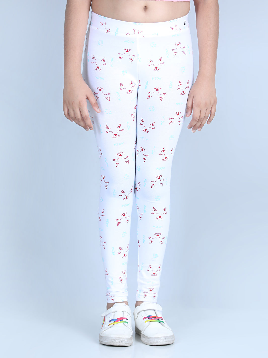 Girls Meow Printed Leggings with Flat Waistband- White