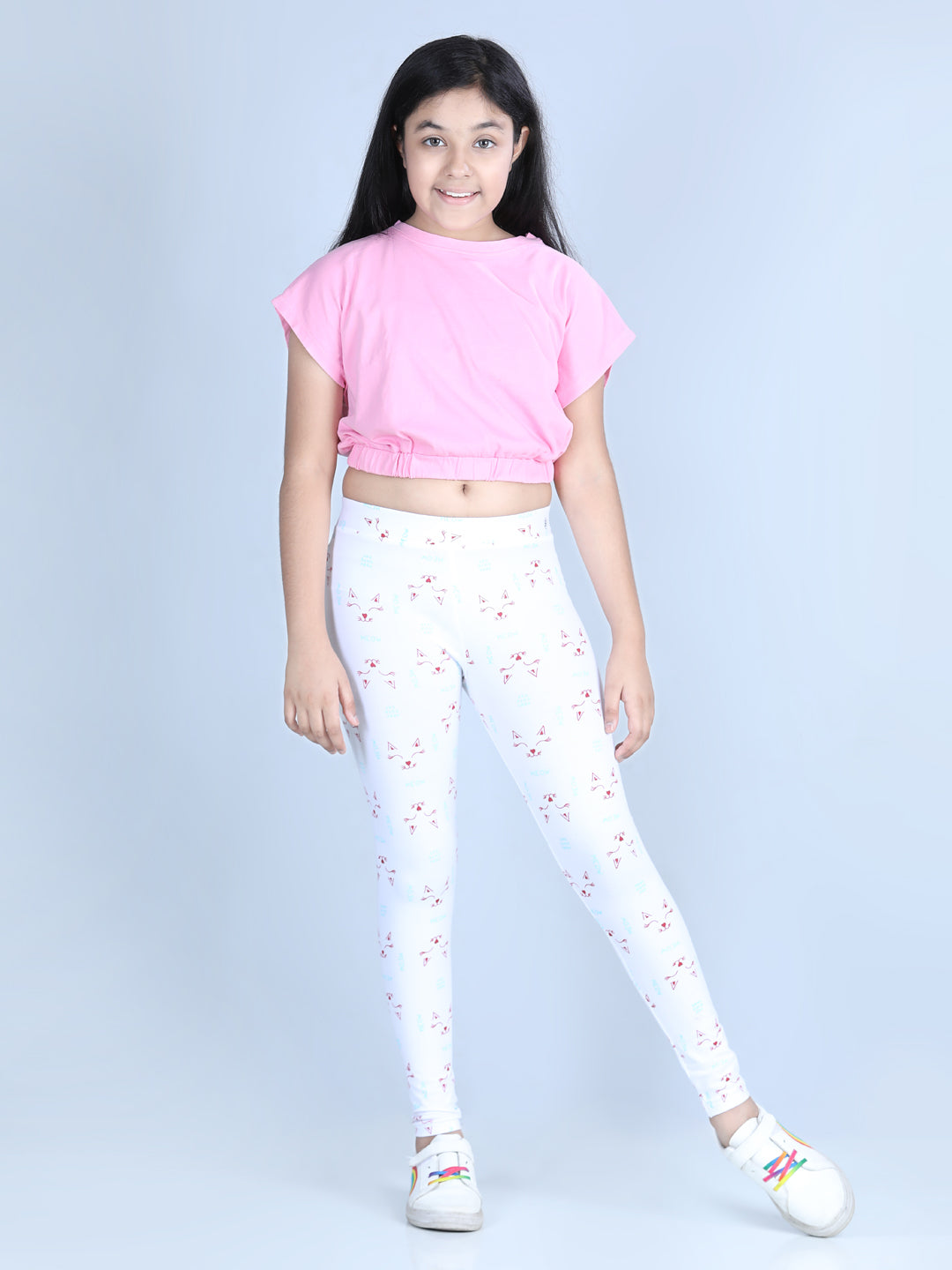 Girls Meow Printed Leggings with Flat Waistband- White