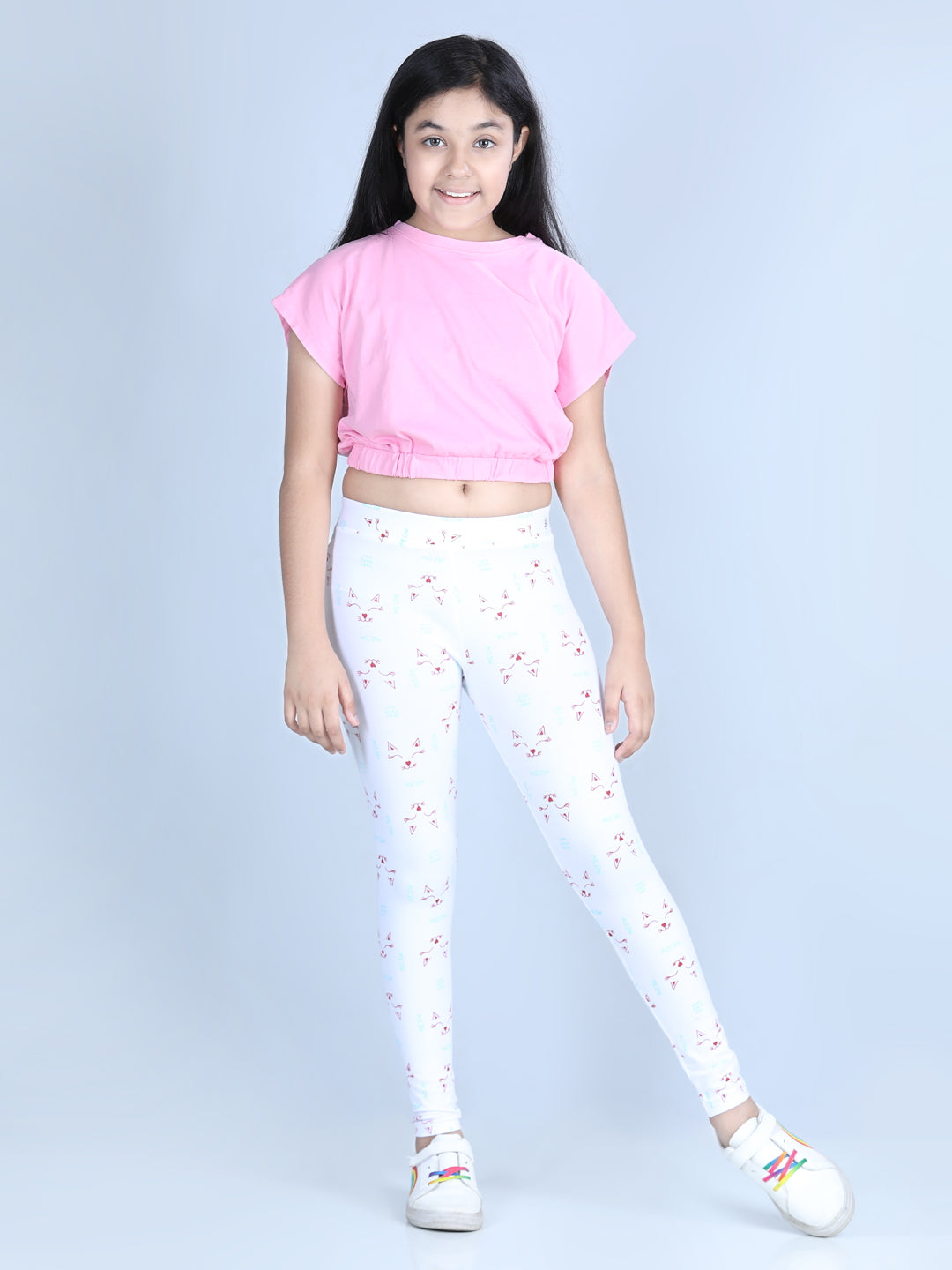 Girls Pack of 2 Printed Leggings with Flat Waistband-White & Pink