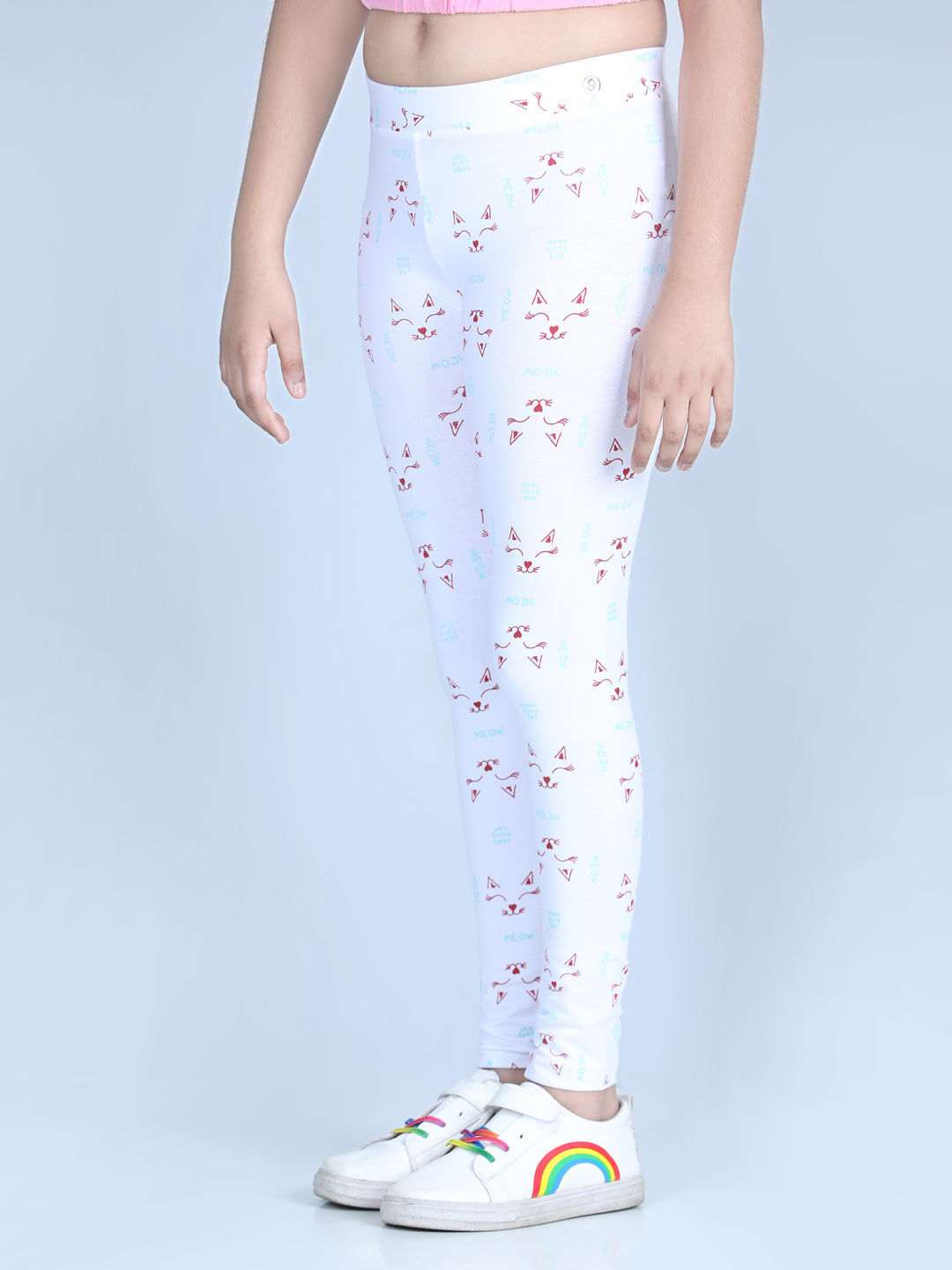 Girls Meow Printed Leggings with Flat Waistband- White