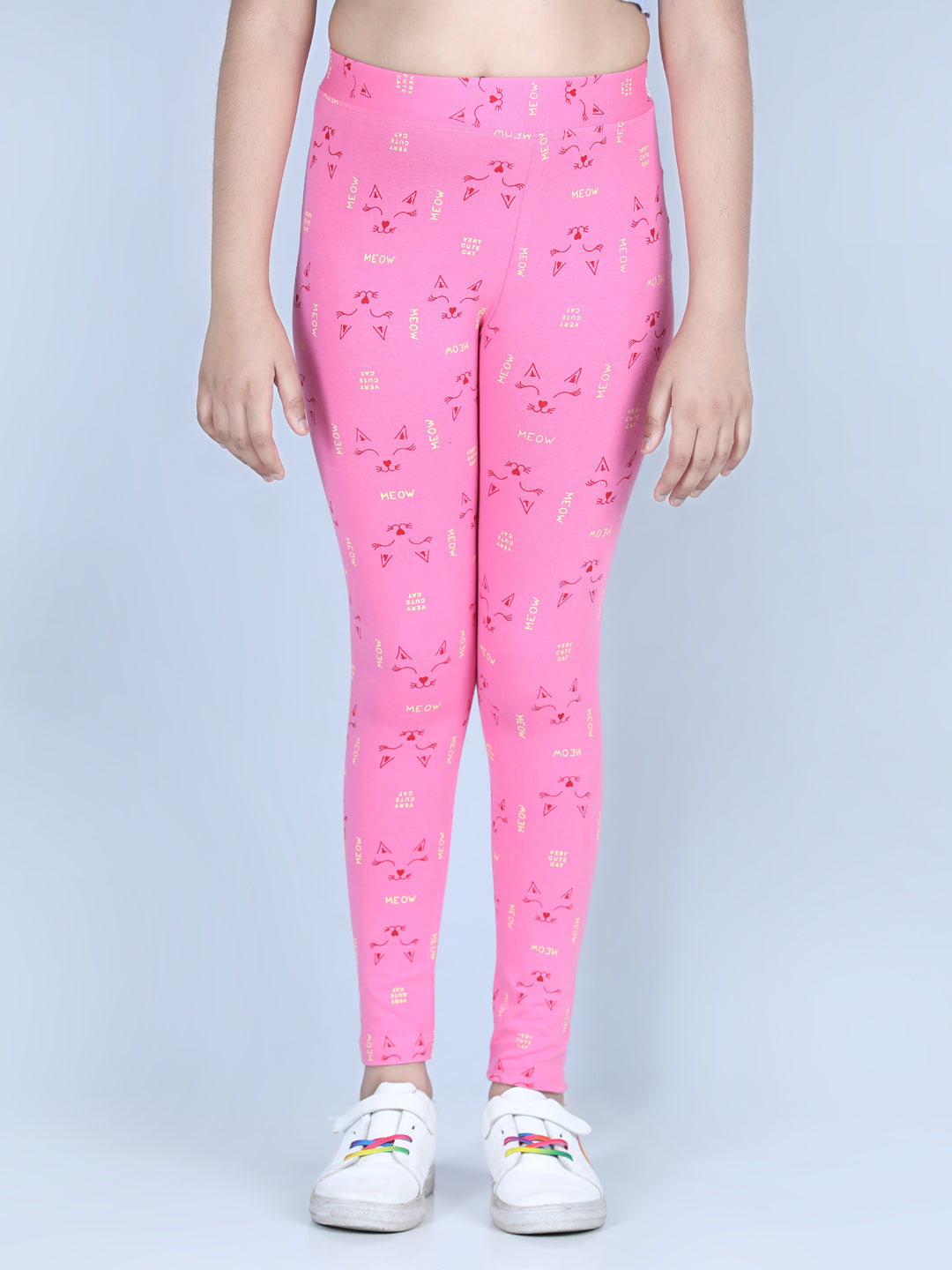 Girls Pack of 2 Printed Leggings with Flat Waistband-Pink & White