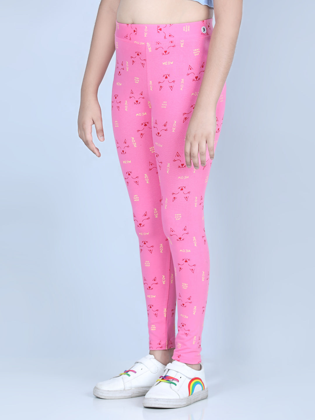 Girls Meow Printed Leggings with Flat Waistband- Pink