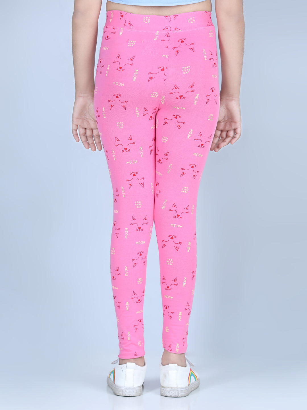 Girls Meow Printed Leggings with Flat Waistband- Pink