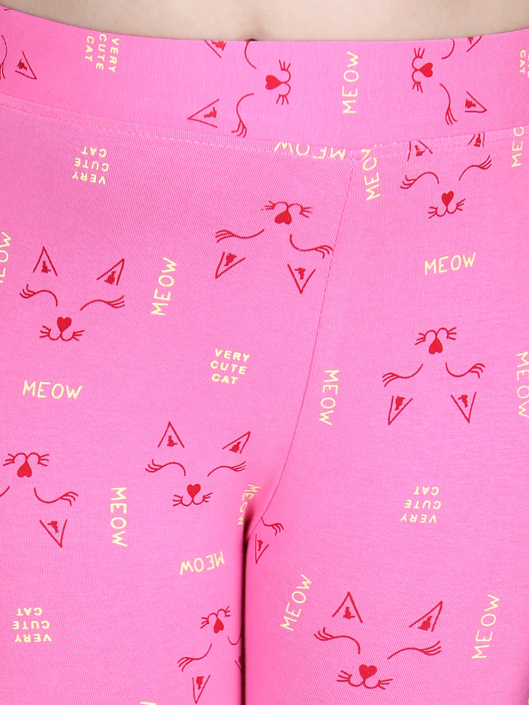 Girls Meow Printed Leggings with Flat Waistband- Pink