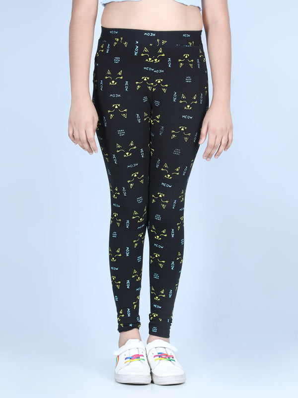 Girls Meow Printed Leggings with Flat Waistband- Black