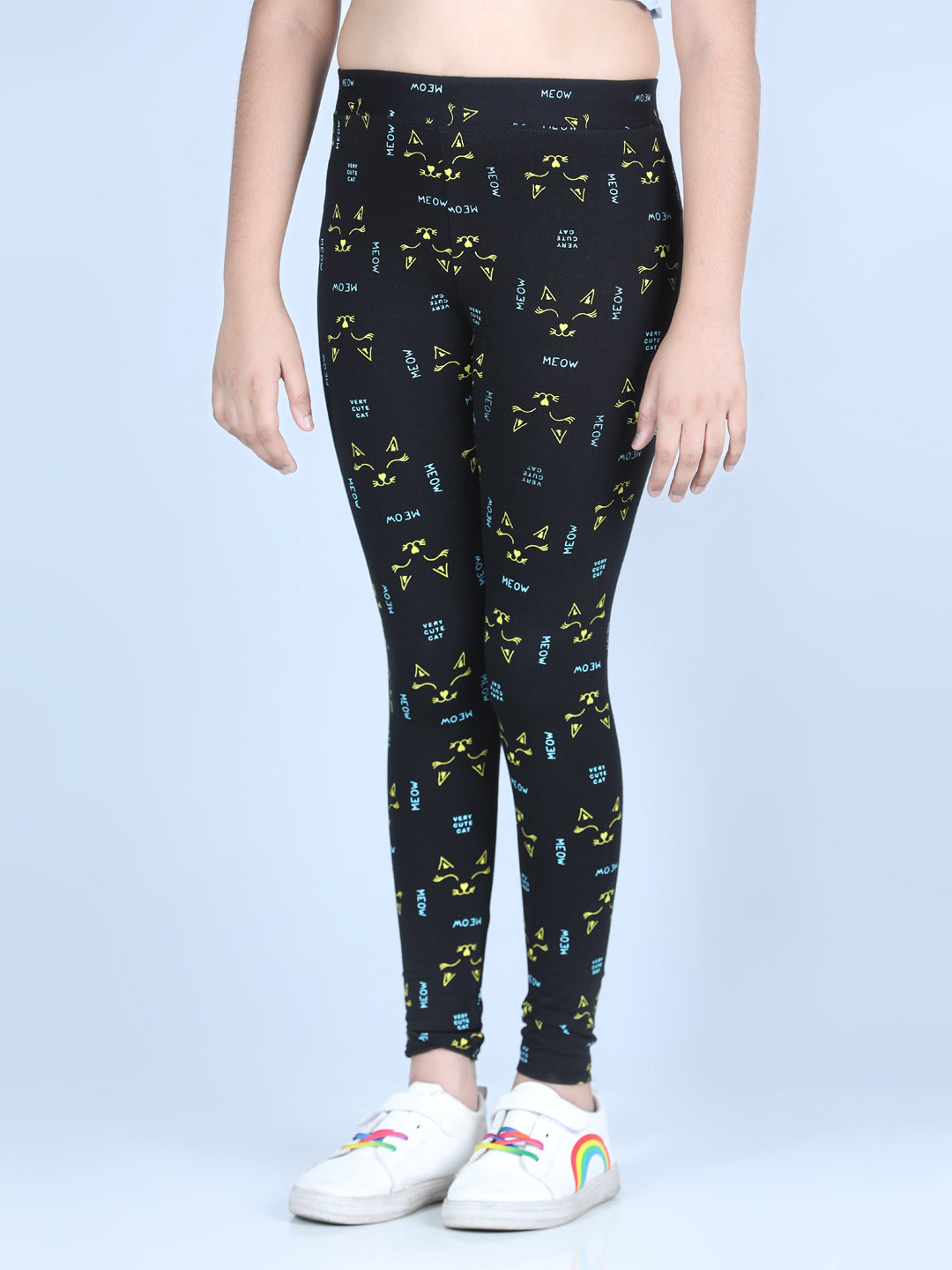 Girls Meow Printed Leggings with Flat Waistband- Black