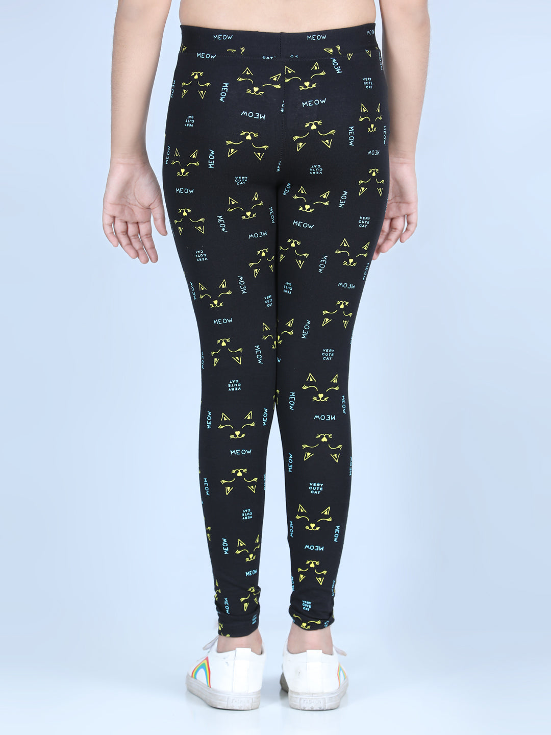 Girls Meow Printed Leggings with Flat Waistband- Black