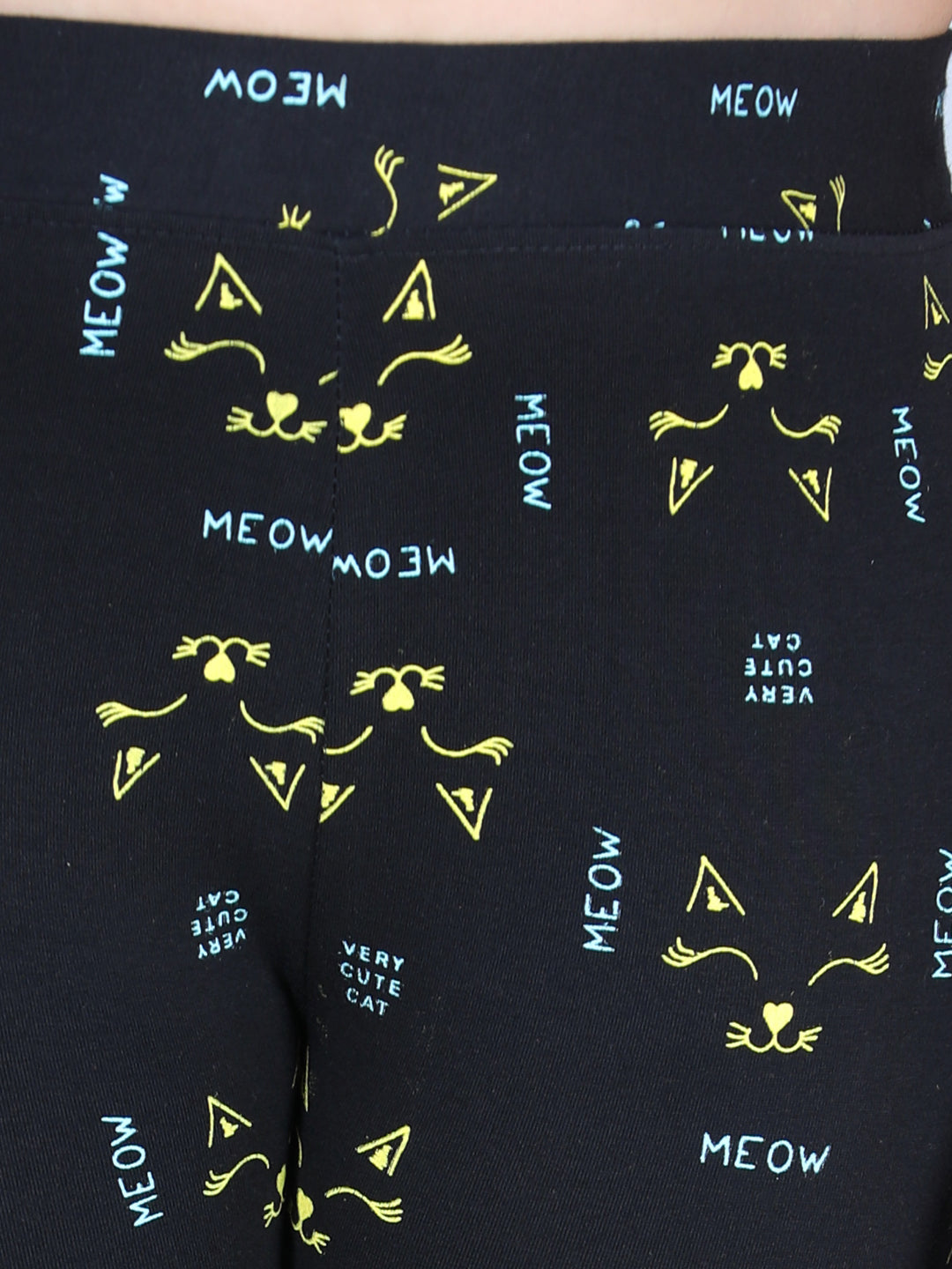 Girls Meow Printed Leggings with Flat Waistband- Black