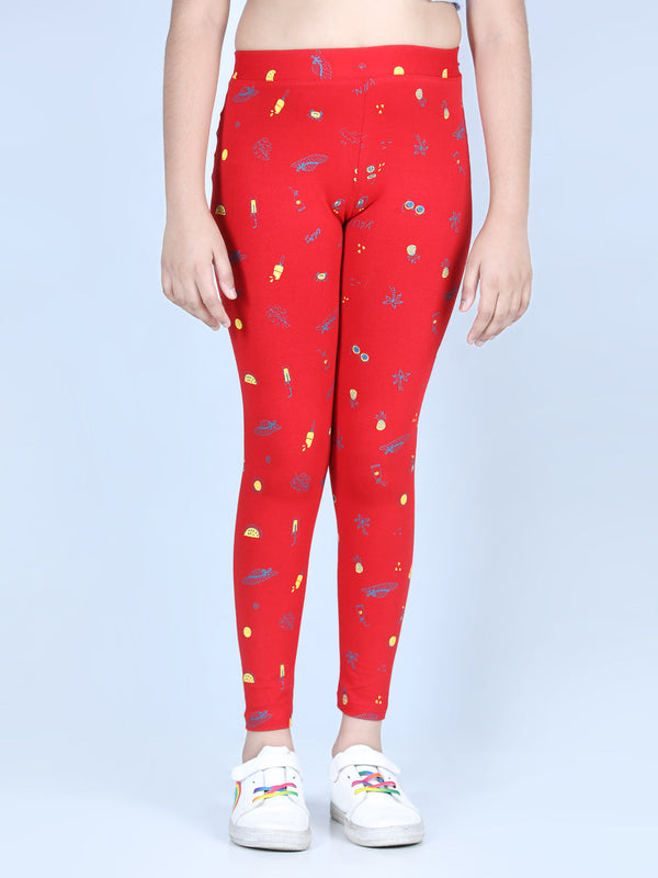 Girls Holiday Inspired Printed Leggings with Flat Waistband- Red