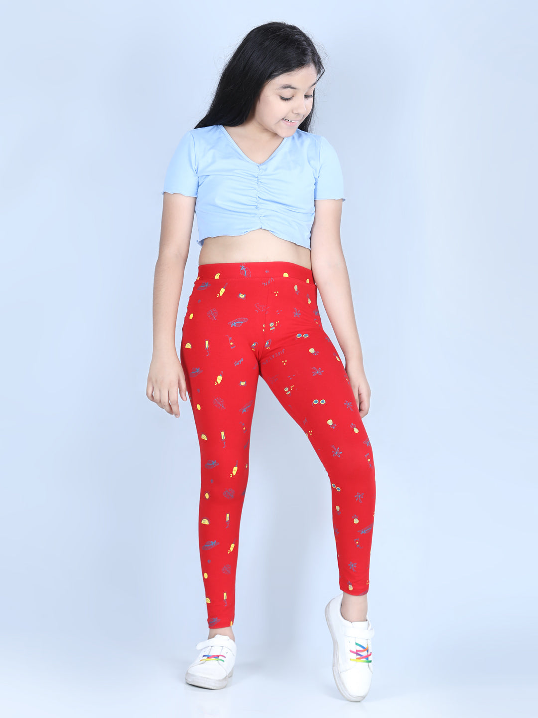 Girls Holiday Inspired Printed Leggings with Flat Waistband- Red