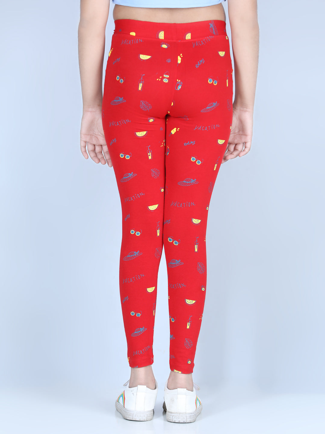 Girls Holiday Inspired Printed Leggings with Flat Waistband- Red