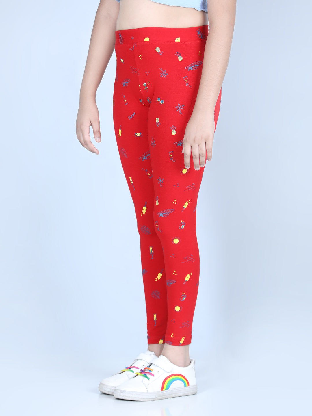 Girls Holiday Inspired Printed Leggings with Flat Waistband- Red