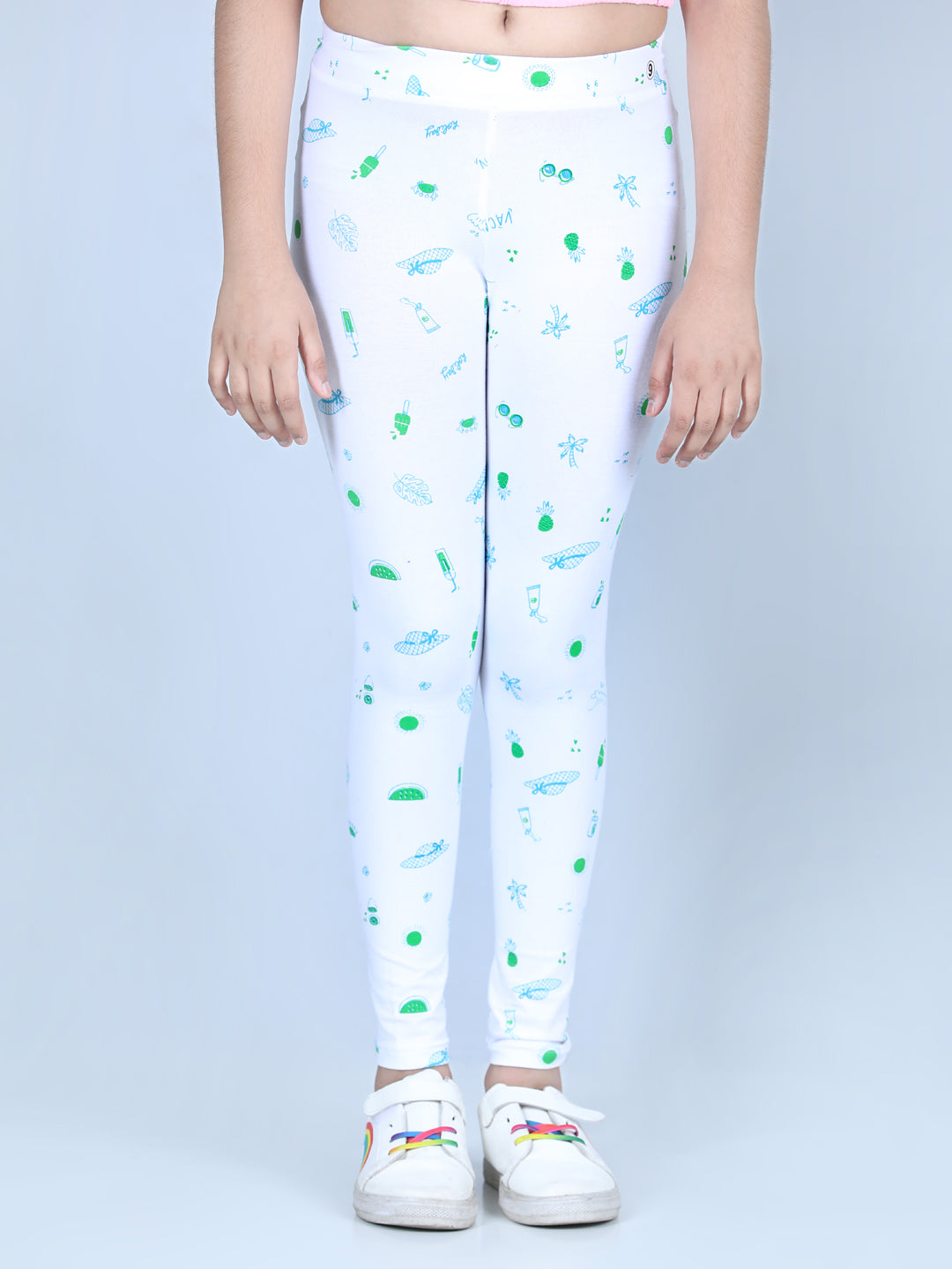 Girls Holiday Inspired Printed Leggings with Flat Waistband- White