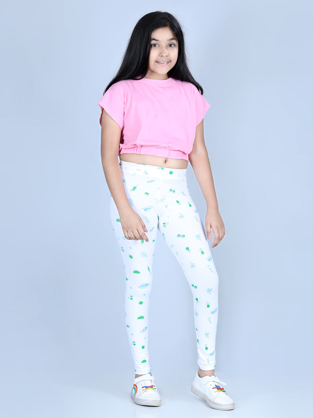 Girls Pack of 2 Printed Leggings with Flat Waistband-Pink & White