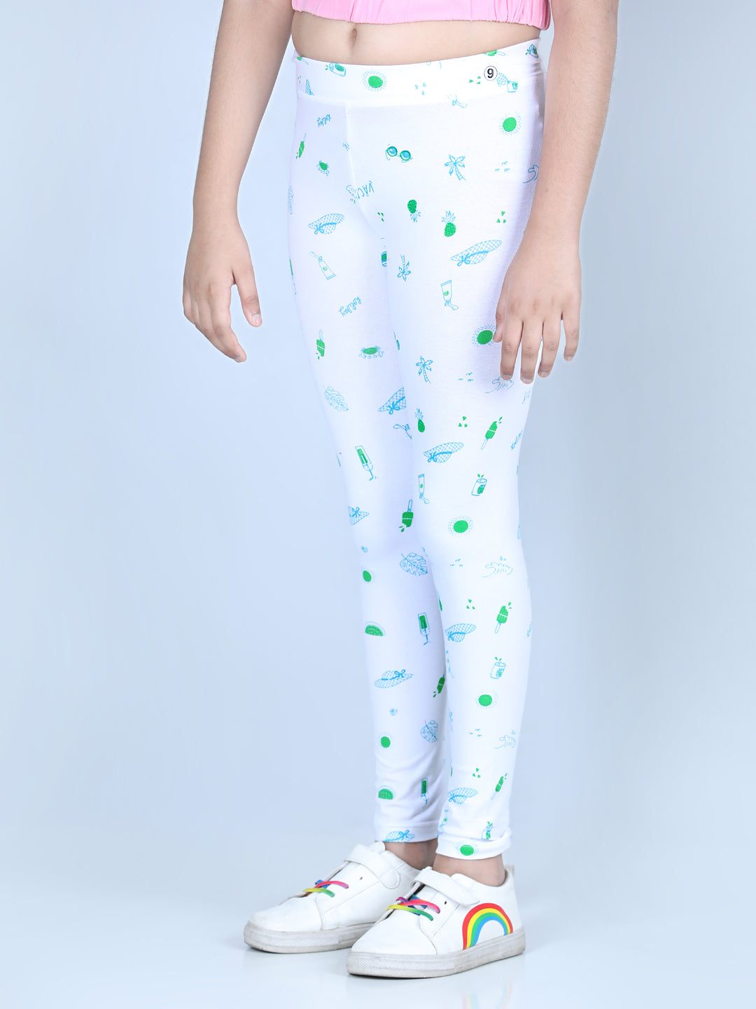 Girls Holiday Inspired Printed Leggings with Flat Waistband- White