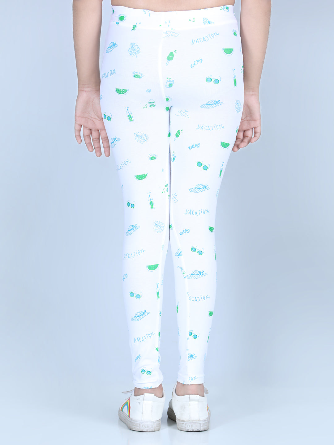 Girls Holiday Inspired Printed Leggings with Flat Waistband- White