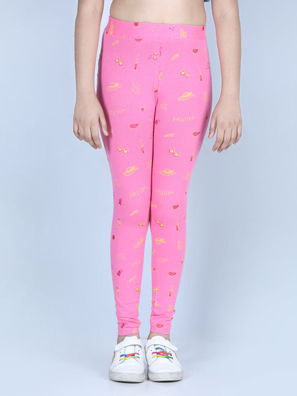 Girls Holiday Inspired Printed Leggings with Flat Waistband- Pink