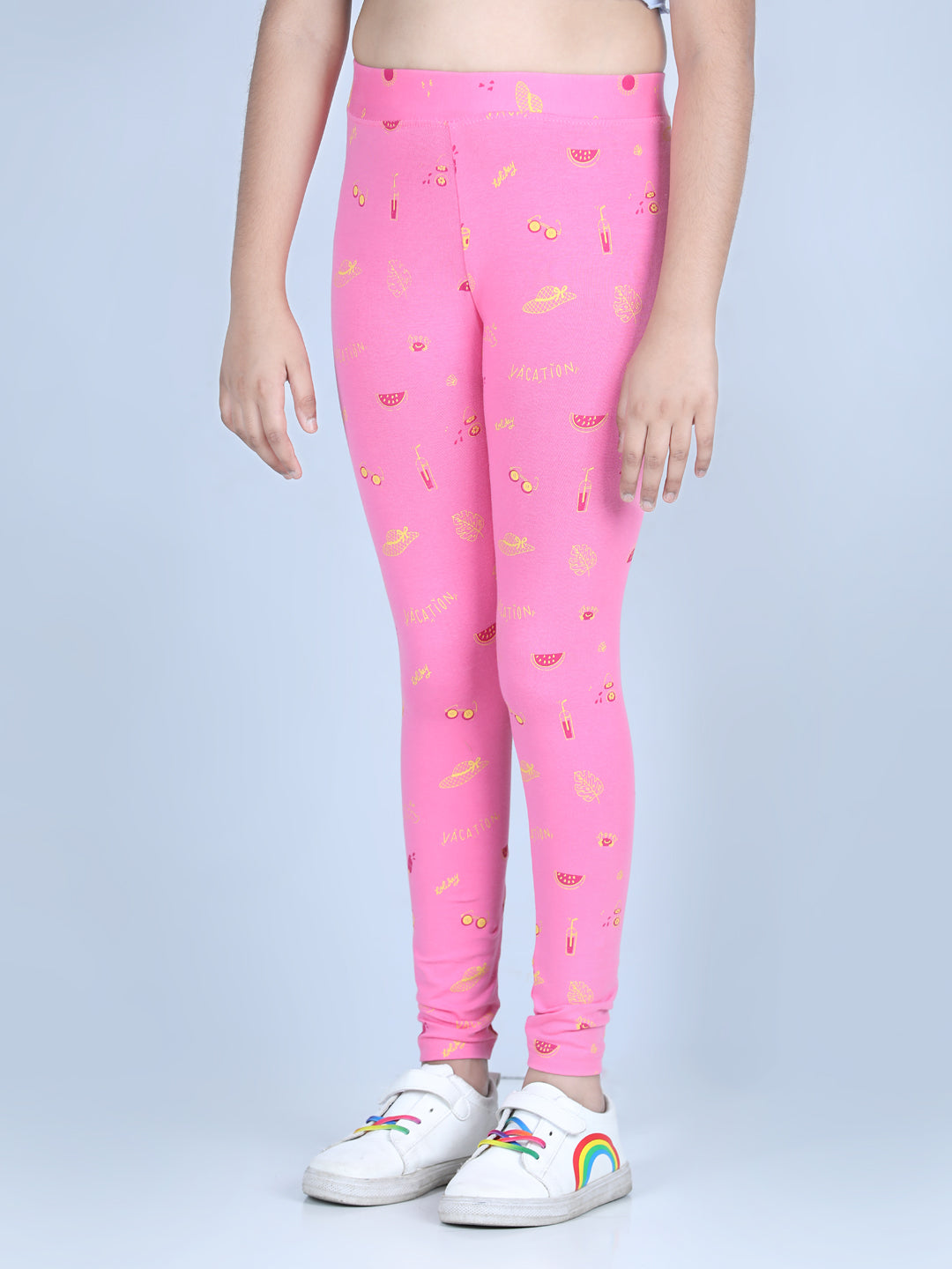 Girls Holiday Inspired Printed Leggings with Flat Waistband- Pink