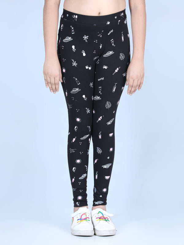 Girls Holiday Inspired Printed Leggings with Flat Waistband- Black