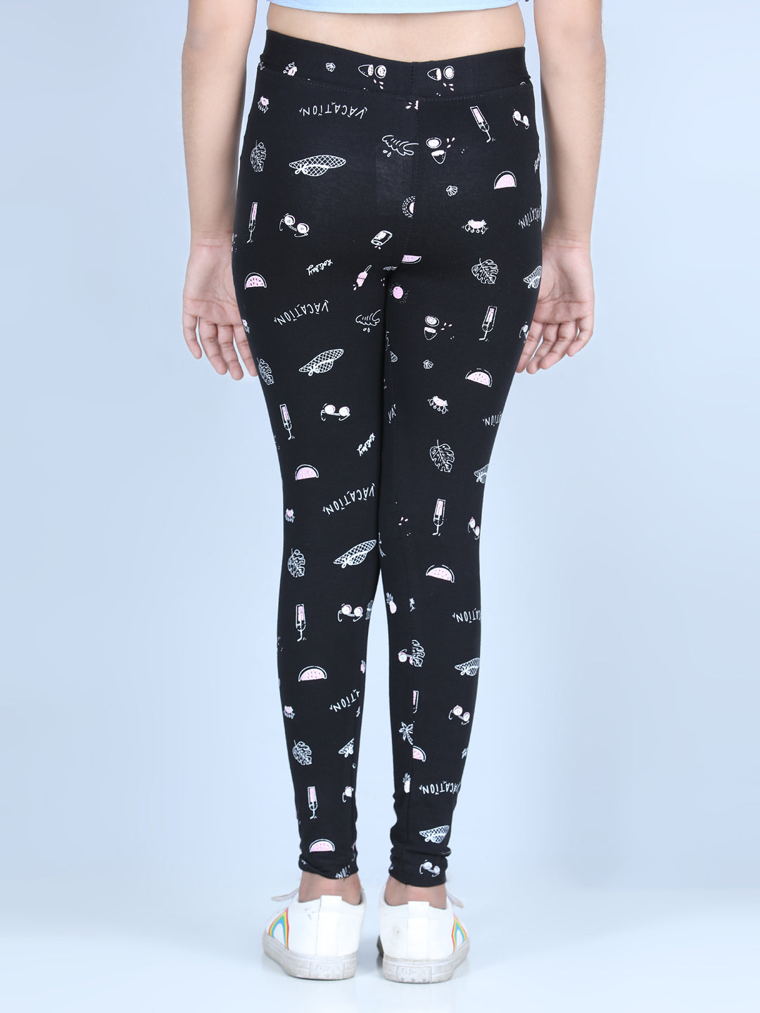 Girls Holiday Inspired Printed Leggings with Flat Waistband- Black