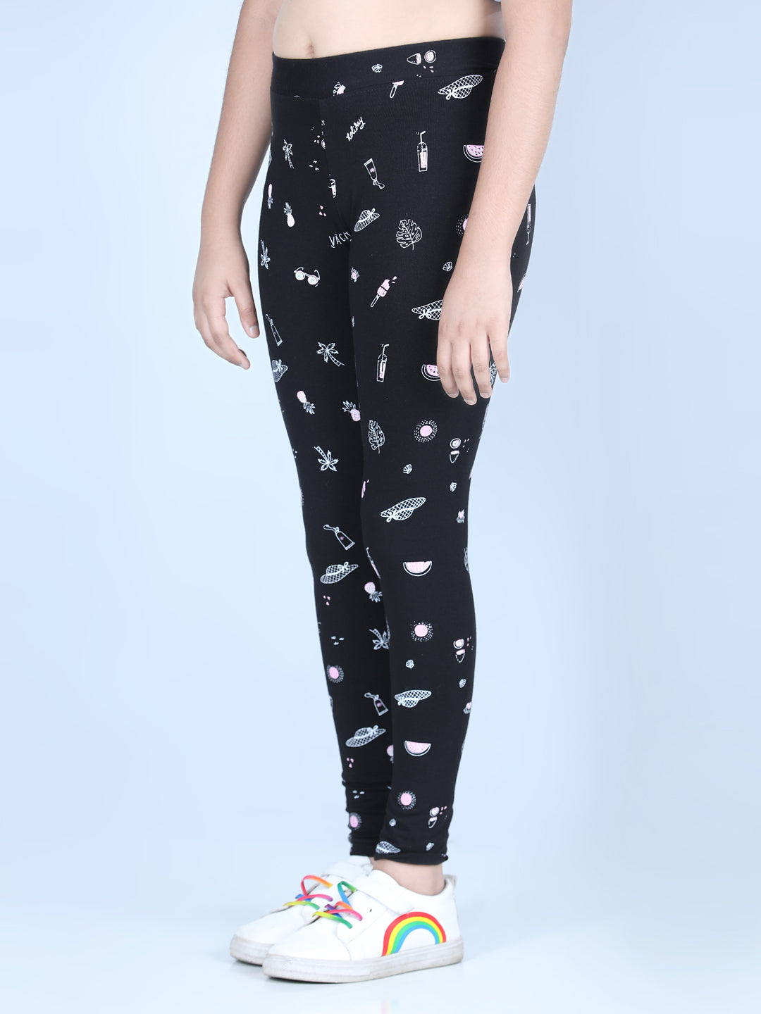 Girls Holiday Inspired Printed Leggings with Flat Waistband- Black