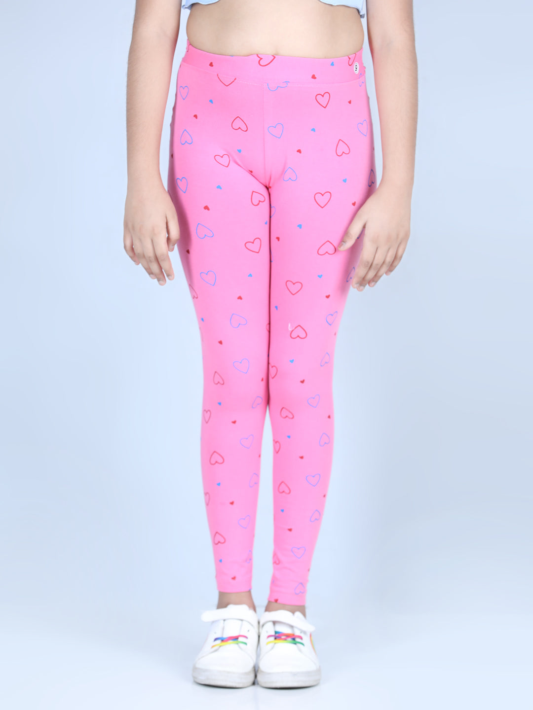 Girls Pack of 2 Printed Leggings with Flat Waistband- Pink & White