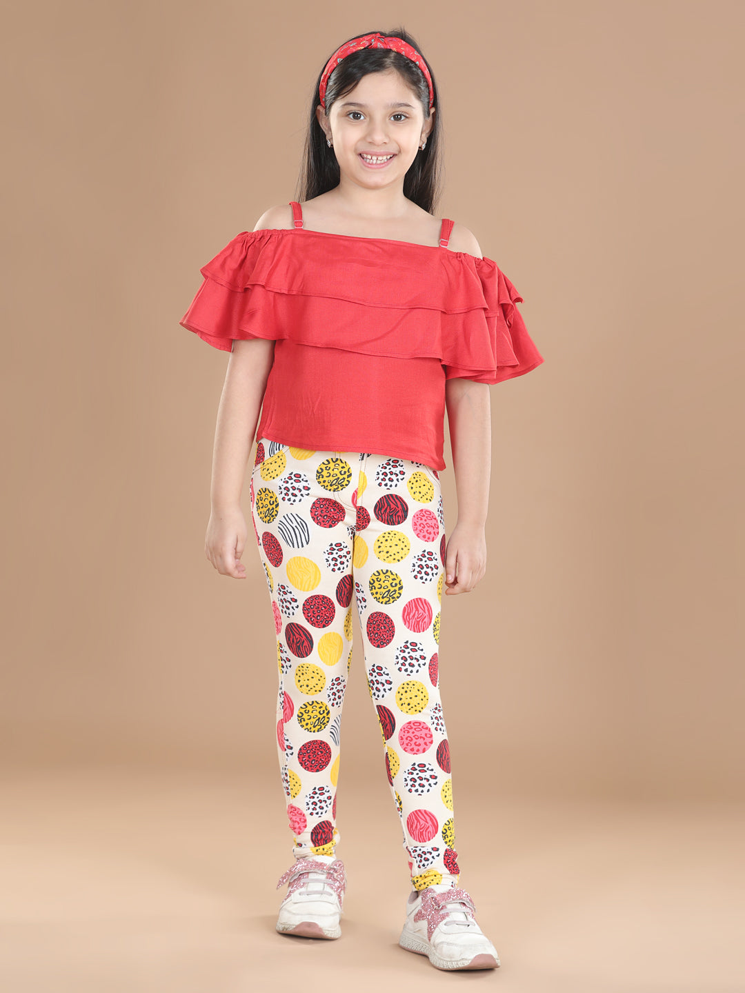 Girls Cotton Floral Printed Jegging and Red Top Set