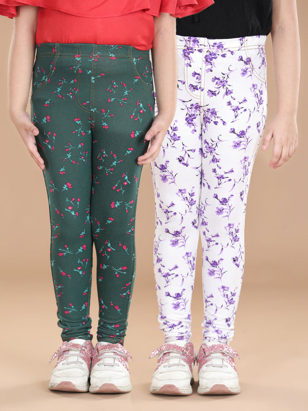 Girls Cotton Floral Printed Pack of 2 Jeggings