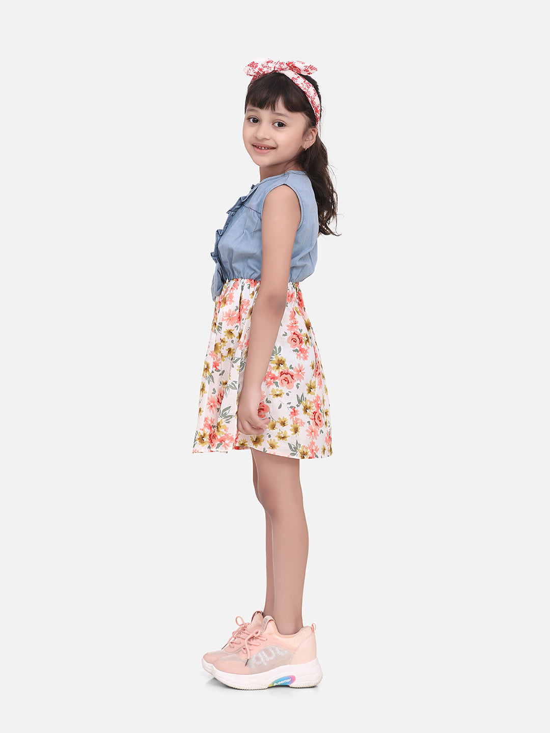 Girls Denim Dress with Floral Skirt